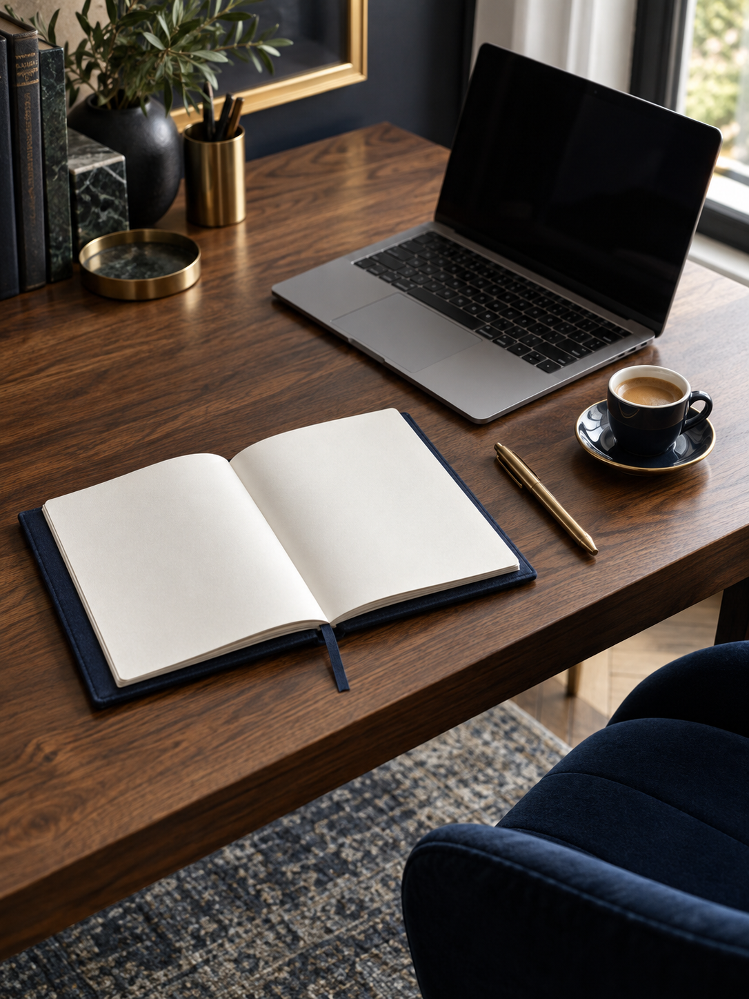 Laptop and open notebook on a walnut desk