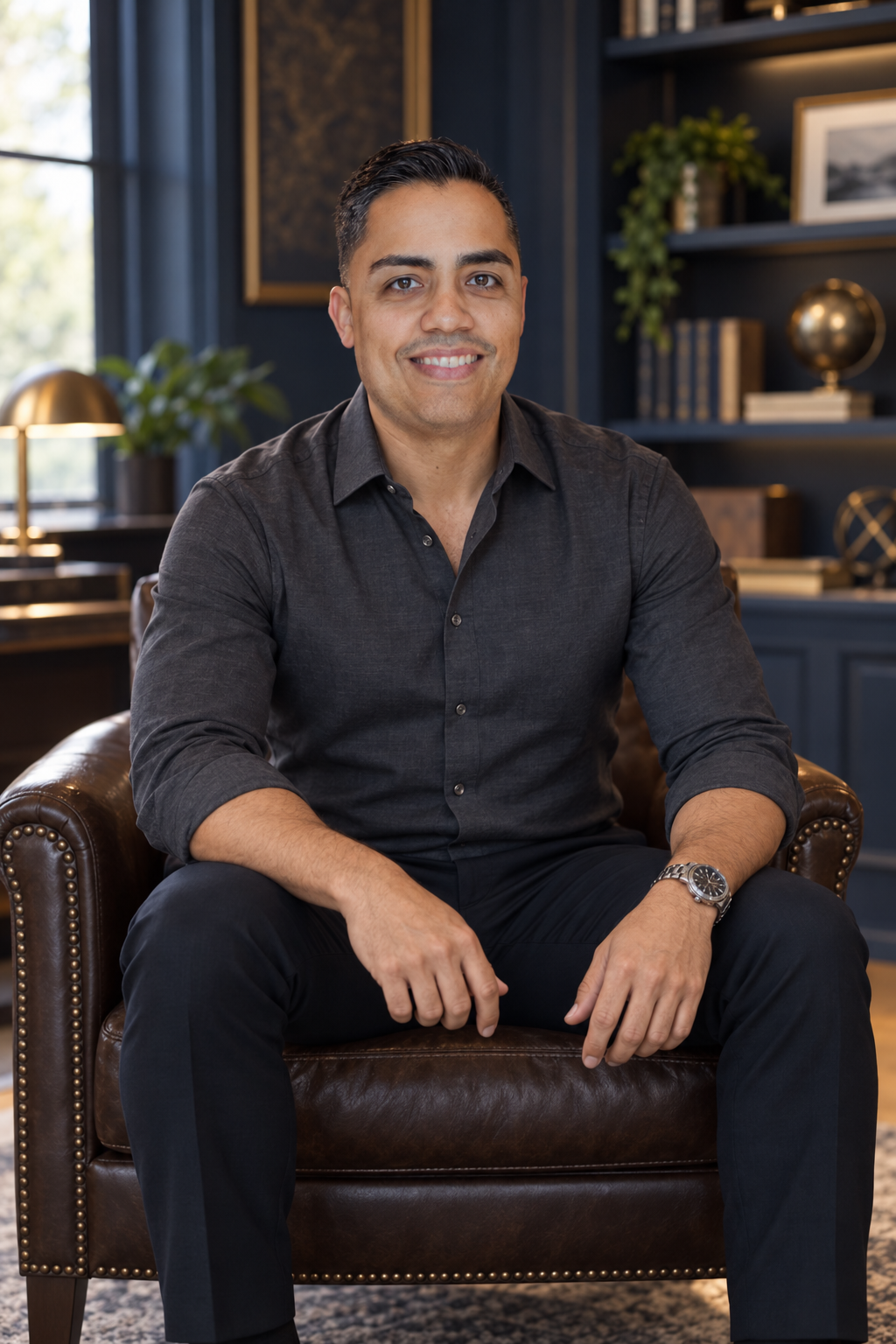 Eric in a charcoal shirt seated confidently in a leather chair