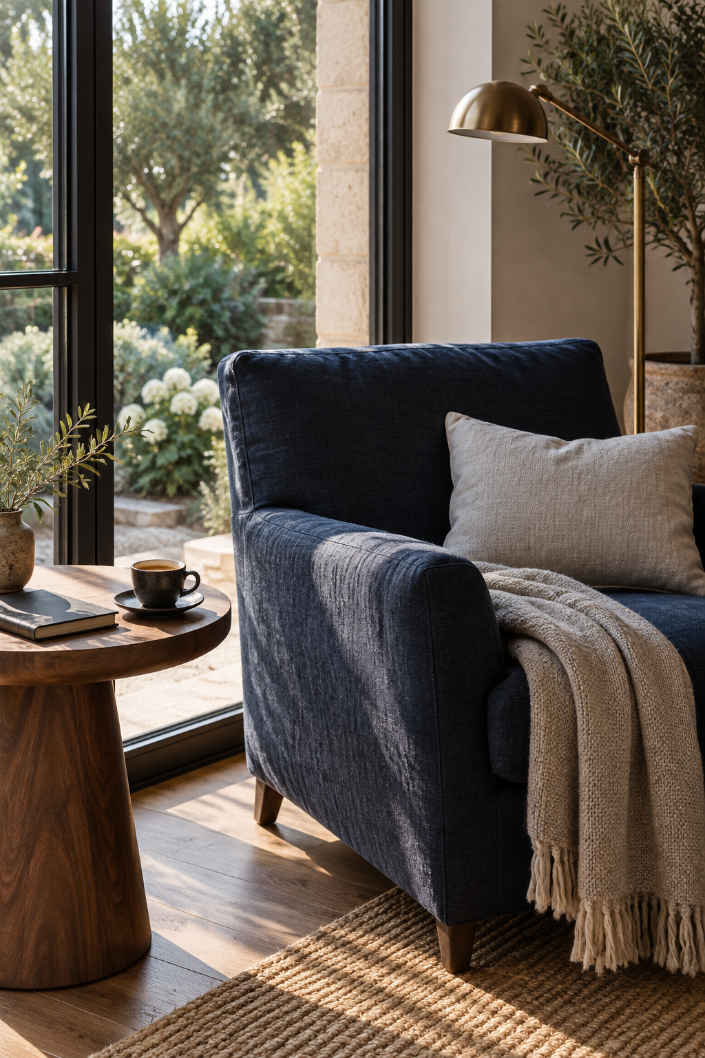 A quiet morning corner with a notebook beside a navy armchair