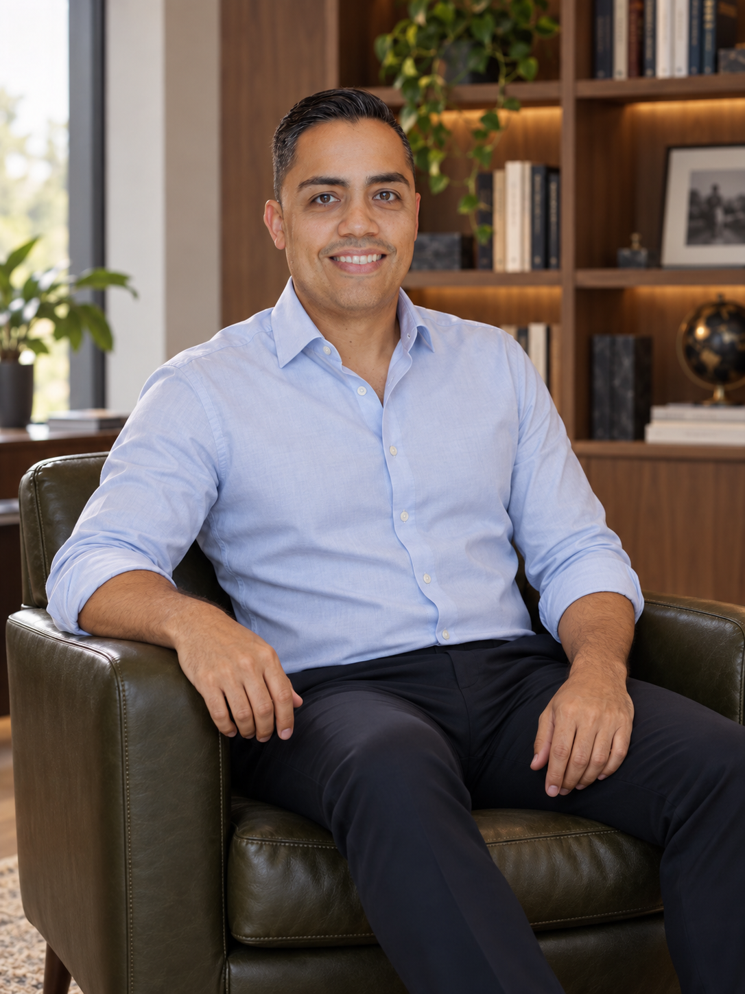 Eric seated in a study wearing a light blue shirt