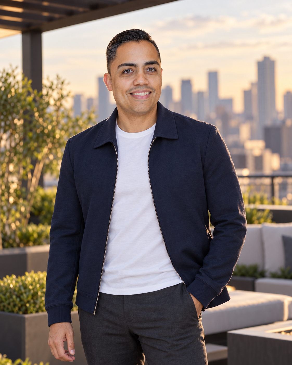 Eric Algarín in a navy jacket on a sunlit terrace