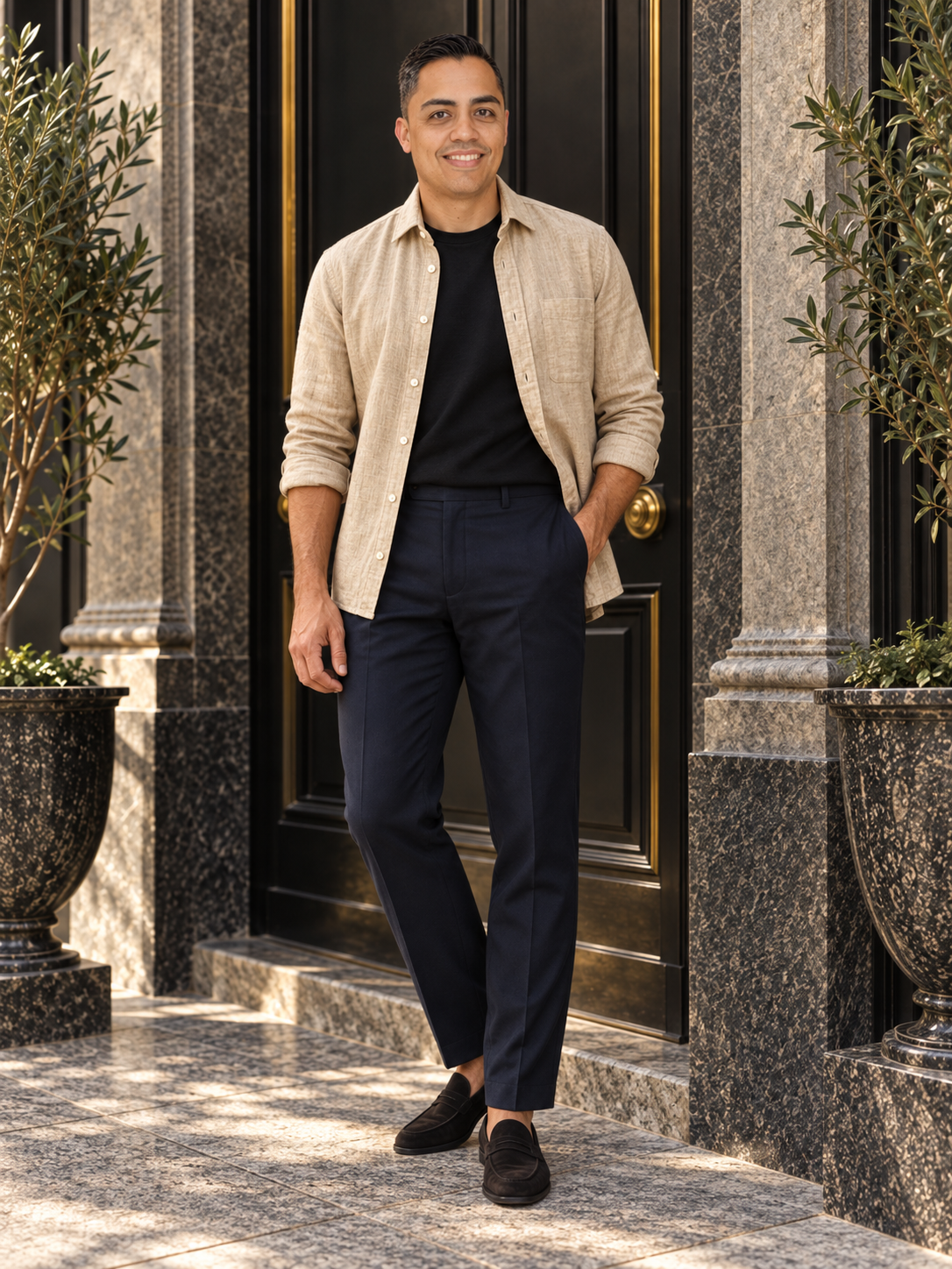 Eric Algarín standing in a linen shirt outside a stone doorway