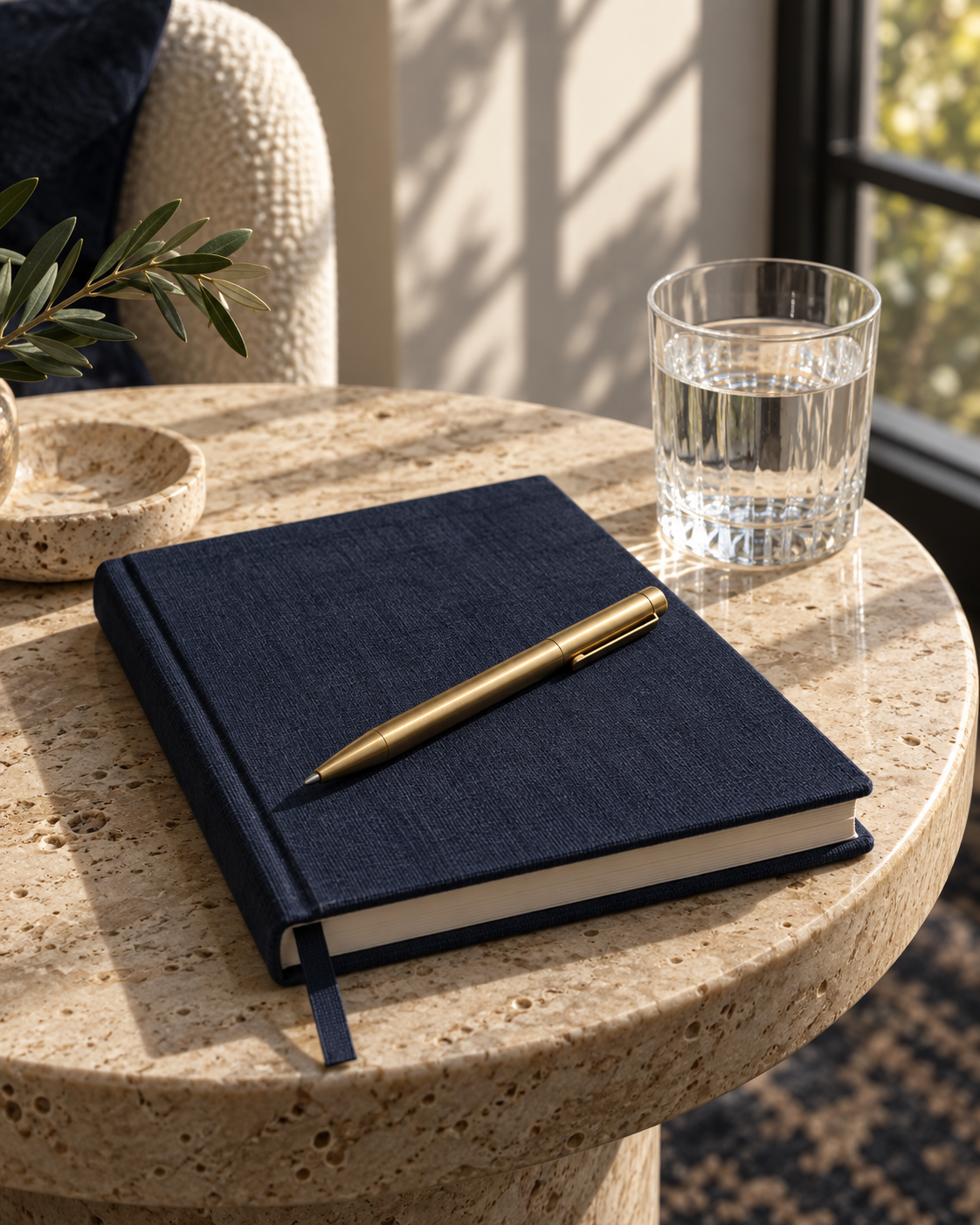 A navy journal and brass pen beside a sunlit window