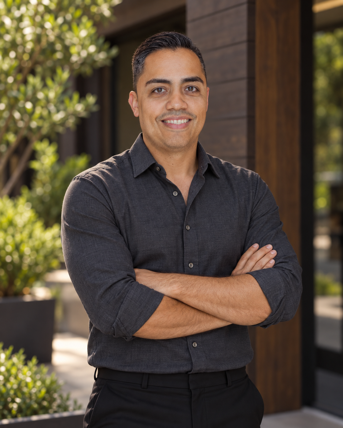 Eric Algarín in a charcoal shirt with arms crossed outdoors