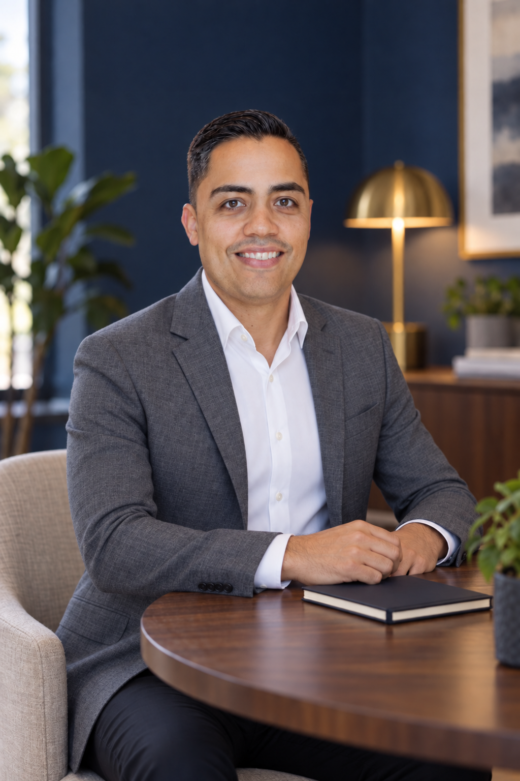 Eric smiling at a meeting table in a gray blazer
