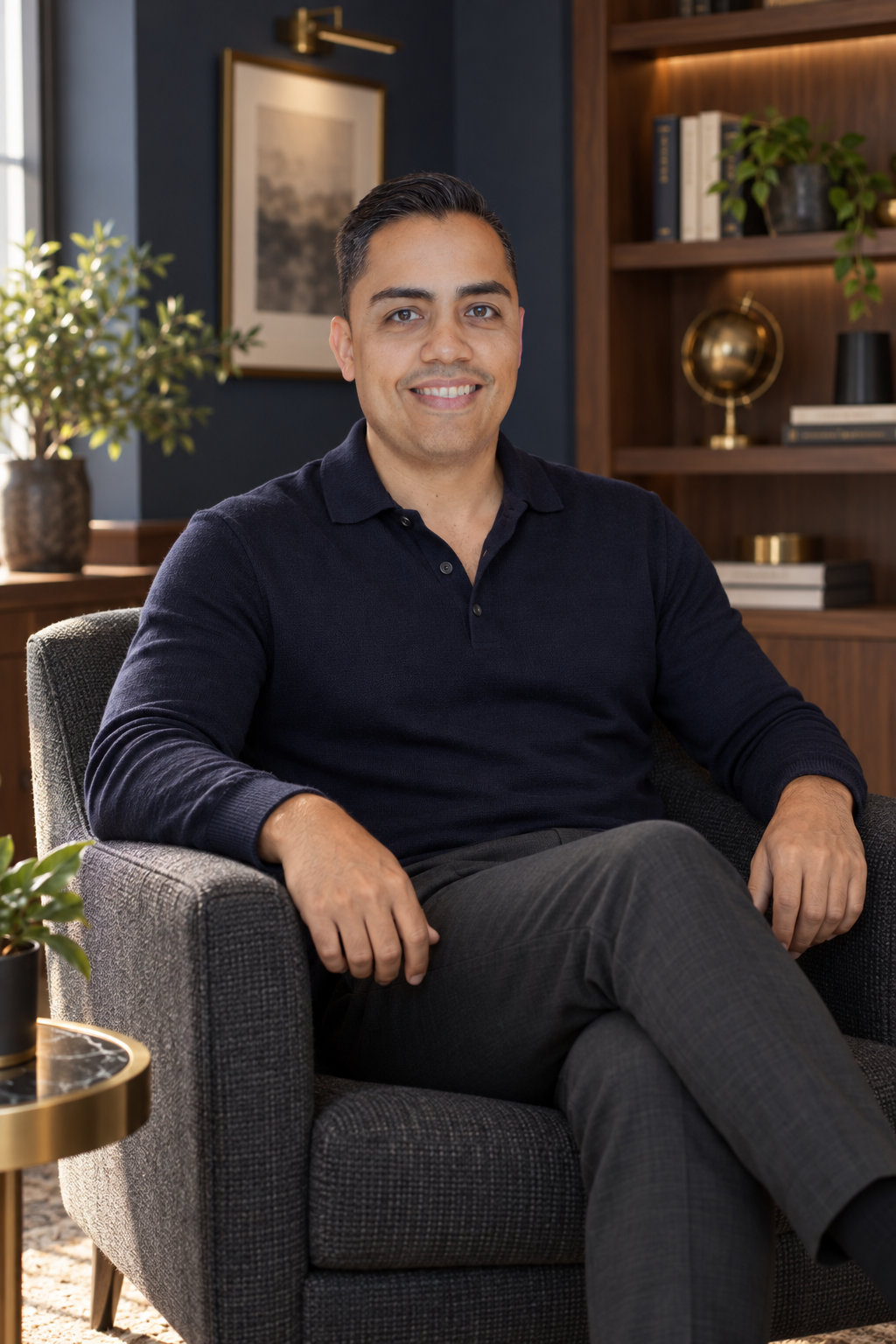 Eric in a navy polo, seated in a study