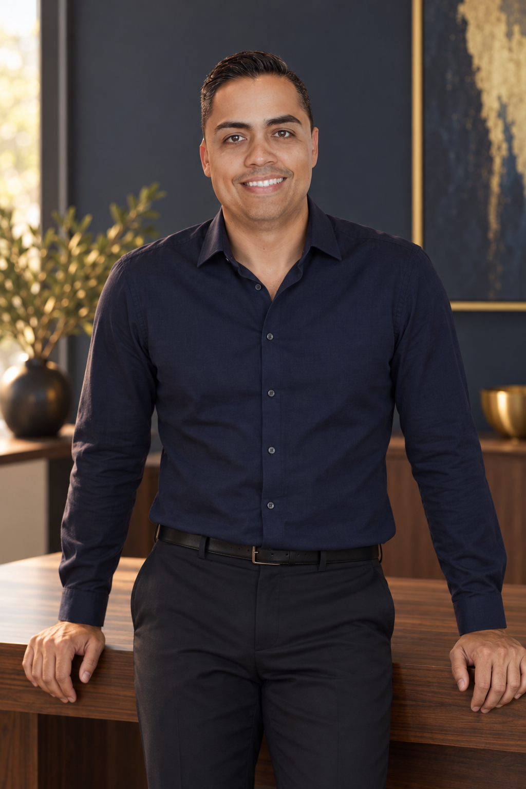 Eric Algarín in a navy shirt beside a walnut desk
